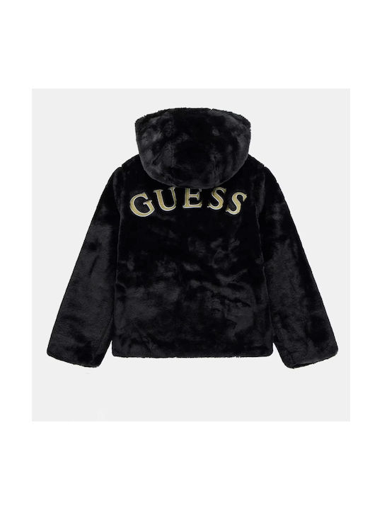 Guess Kids Fur Coat with Hood Black