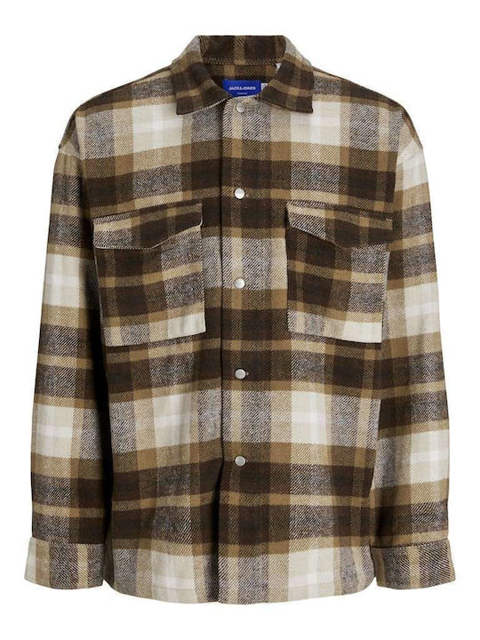 Дълъг Ръкав Фланелена Overshirt с Прекалено Голяма Линия Каре Кафяв