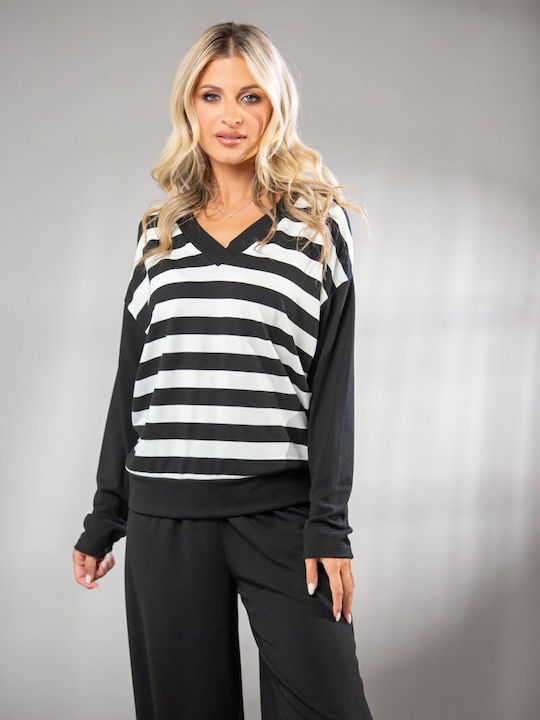 Women's Blouse with V Neckline Striped Green