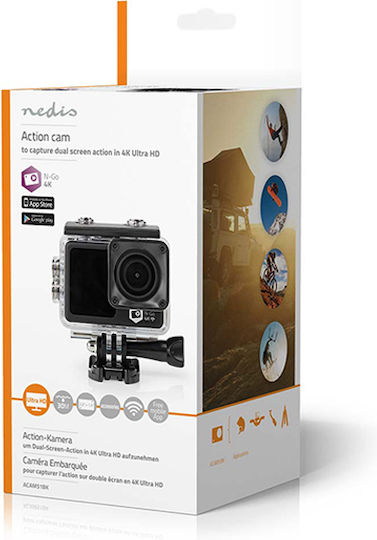 Nedis ACAM51BK Action Camera 4K Ultra HD Υποβρύχια (με Θήκη) με Οθόνη 2" και Wi-Fi Μαύρη