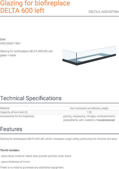 Kratki Delta/L/600/Szyba Protective Glass for BioethaNol Fireplace