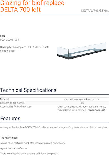 Kratki Delta/L/700/Szyba Protective Glass for BioethaNol Fireplace