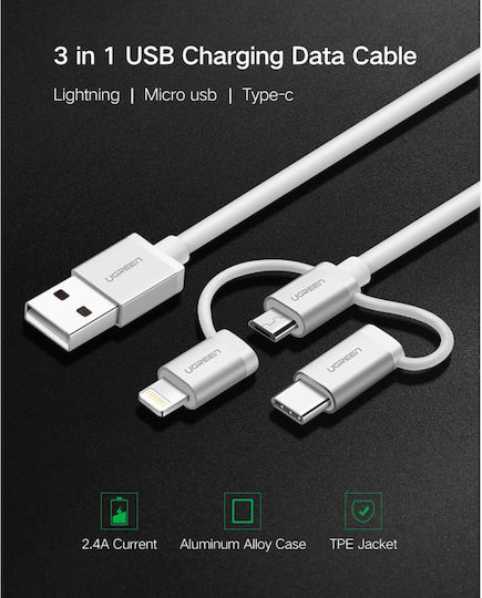 Ugreen Braided USB to Lightning / Type-C / micro USB Cable 2A Λευκό 1.5m 50203