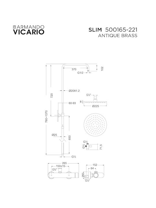 Armando Vicario Slim Adjustable Shower Column with Mixer 76 - 137 Bronze