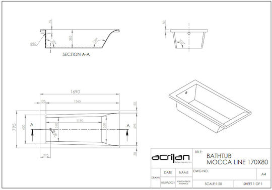 Acrilan Mocca Line Μπανιέρα Ακρυλική 170x80cm