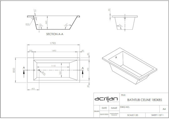 Acrilan Celine Cadă de baie Acrilic 180x85cm