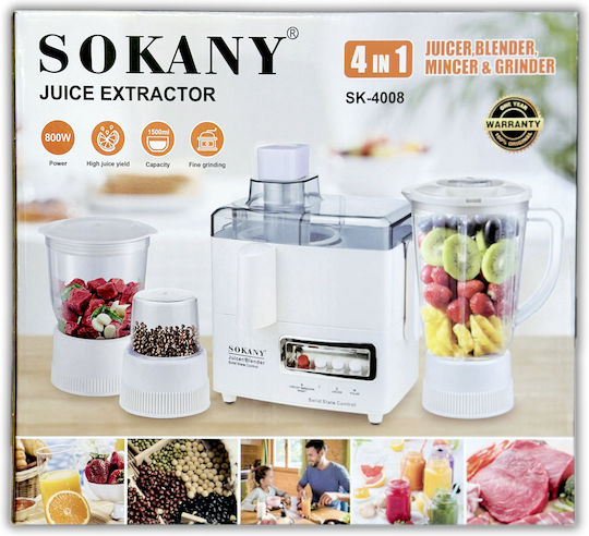 Sokany SK-4008 Multifunktions-Food-Prozessor 800W mit Behälter 1.5Es und Blender-Kanne Weiß