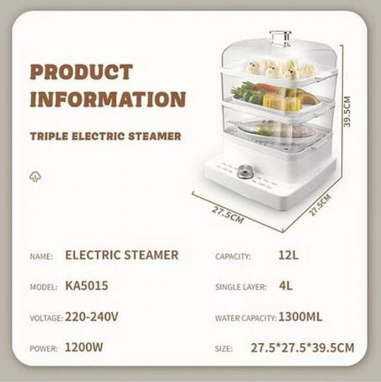 DSP Food Steamer with 3 Steaming Decks 12lt