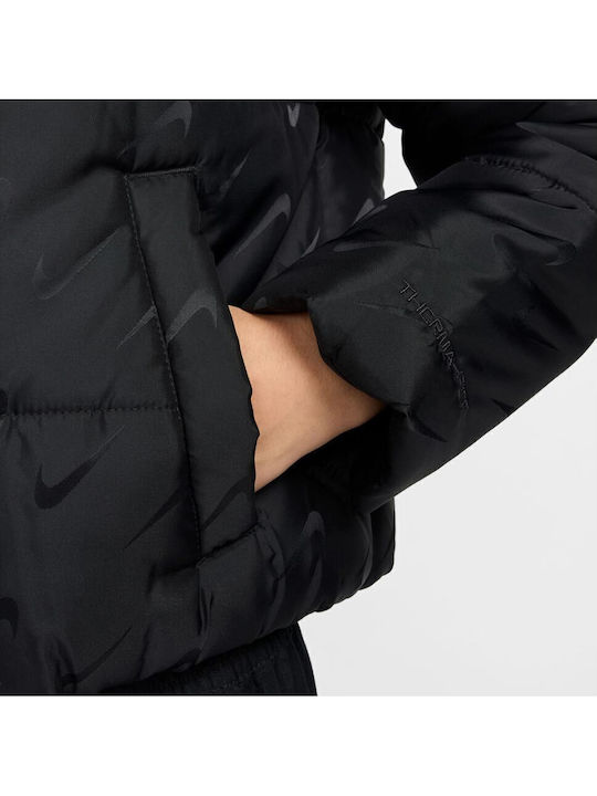 Sportswear Women's Crop Sports Jacket Waterproof for Winter with Hood Black
