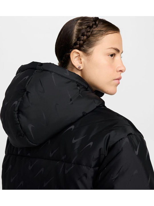 Sportswear Women's Crop Sports Jacket Waterproof for Winter with Hood Black