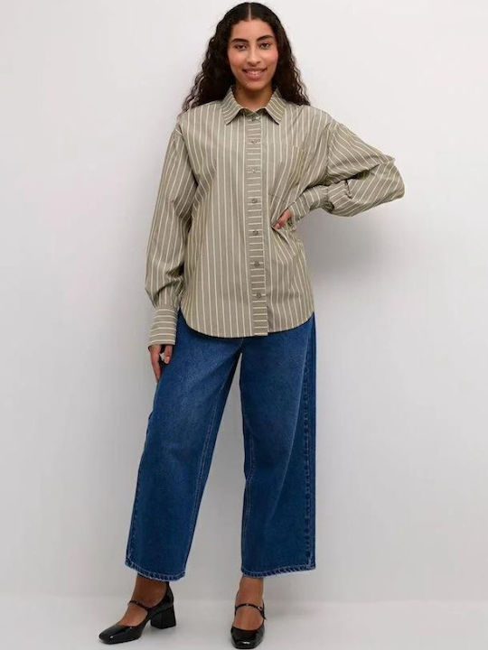 Women's Striped Long Sleeve Shirt Grey Melange, White
