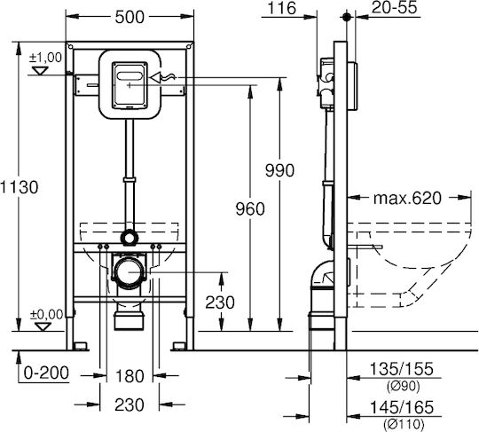 Grohe Rapid SL Εντοιχιζόμενο Πλαστικό Καζανάκι Ορθογώνιο Χαμηλής Πίεσης