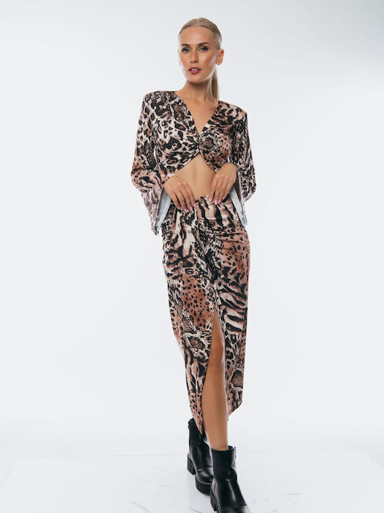 Set mit Hoch tailliert Maxi Rock Leopard Black