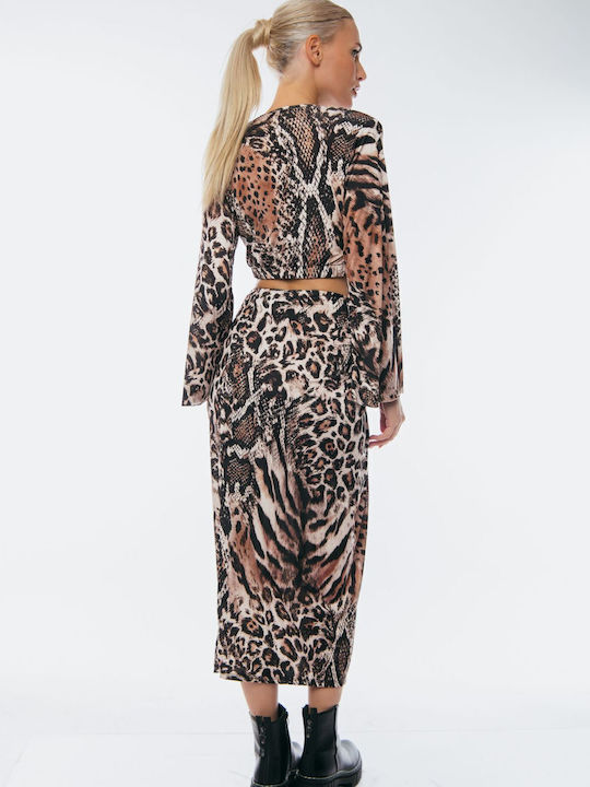 Set mit Hoch tailliert Maxi Rock Leopard Black