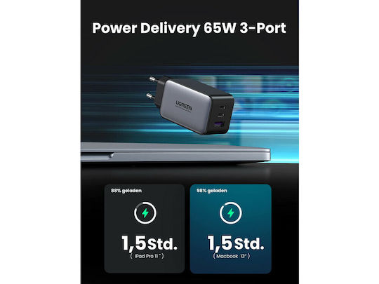 Ugreen Încărcător Fără Cablu GaN cu Port USB-A și 2 Porturi USB-C 65W Quick Charge 4.0 Gri (CD244)