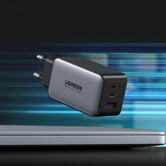 Ugreen Încărcător Fără Cablu GaN cu Port USB-A și 2 Porturi USB-C 65W Quick Charge 4.0 Gri (CD244)