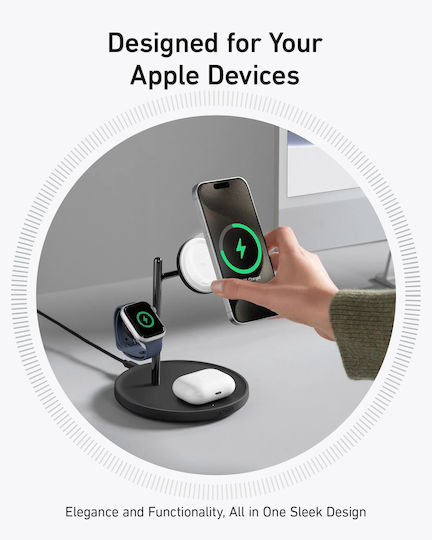 Anker Φορτιστής Magsafe 15W Power Delivery Μαύρος (MagGo Stand 3-in-1)