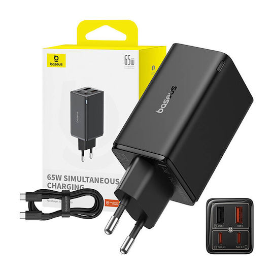 Baseus Charger Without Cable GaN with 2 USB-A Ports and 2 USB-C Ports 65W Power Delivery Blacks (GAN6 Pro)