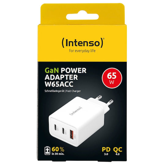 Intenso Wireless Charger GaN With USB-A Port And 2 USB-C Ports 65W White