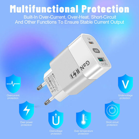 Techsuit Ladegerät ohne Kabel mit USB-A Anschluss und USB-C Anschluss 65W Stromlieferung / Schnellaufladung 3.0 Weißs (CHPD131)