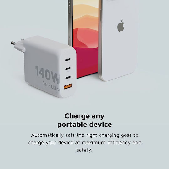 Xtorm Φορτιστής Χωρίς Καλώδιο GaN με Θύρα USB-A και 3 Θύρες USB-C 140W Power Delivery / Quick Charge 3.0 Λευκός (XEC140 GaN2 Ultra)