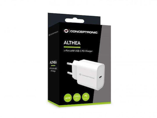 Conceptronic Ladegerät ohne Kabel mit USB-C Anschluss 20W Stromlieferung Weißs (ALTHEA07W)