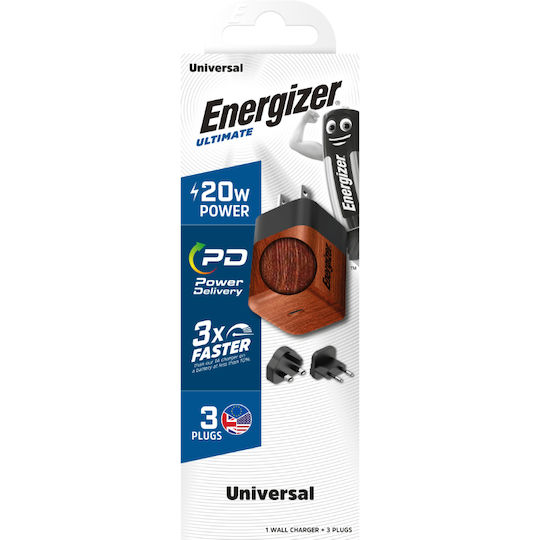 Energizer Energizer Handyladegerät Ohne Kabel GaN mit USB-C Ausgangsanschluss 20W Stromlieferung Walnut Burl (A20MU)