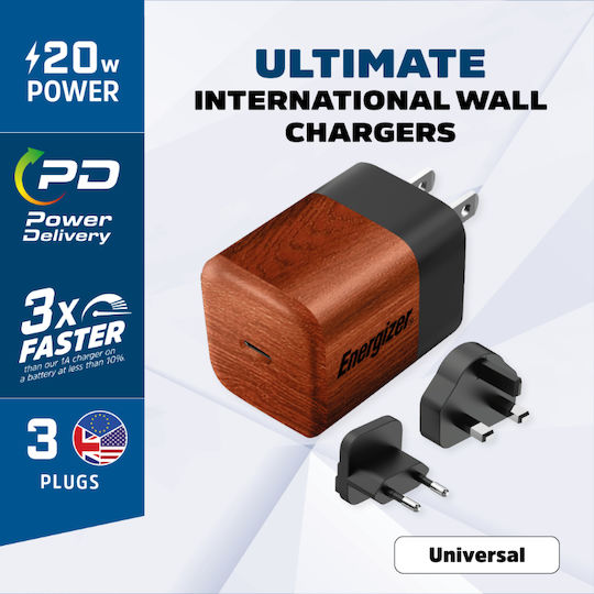 Energizer Energizer Handyladegerät Ohne Kabel GaN mit USB-C Ausgangsanschluss 20W Stromlieferung Walnut Burl (A20MU)