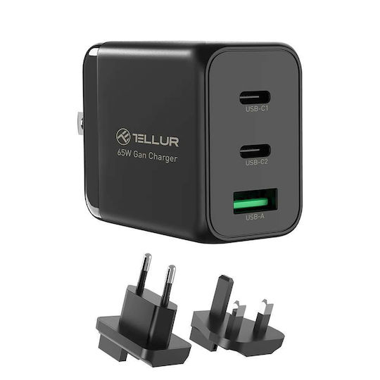 Tellur Φορτιστής Χωρίς Καλώδιο GaN με Θύρα USB-A και 2 Θύρες USB-C 65W Μαύρος (TLL151451)