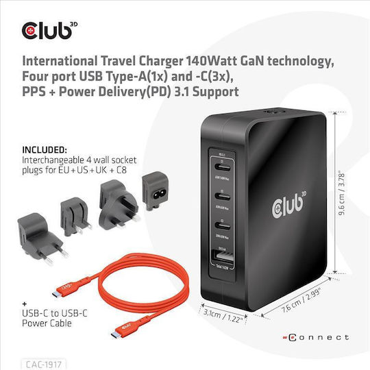 Club3D Wireless GaN Charger With USB-A Port And 3 USB-C Ports 140W Power Delivery Black (CAC-1917)