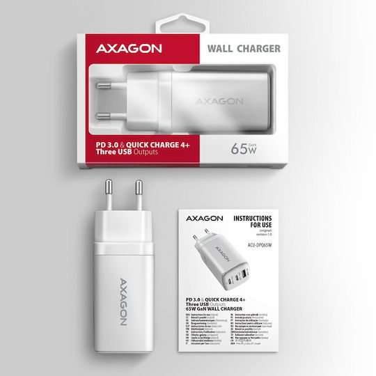 Axagon Φορτιστής Χωρίς Καλώδιο GaN με Θύρα USB-A και 2 Θύρες USB-C 65W Power Delivery / Quick Charge 3.0 Μαύρος (ACU-DPQ65)