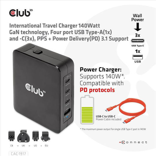 Club3D Wireless GaN Charger With USB-A Port And 3 USB-C Ports 140W Power Delivery Black (CAC-1917)
