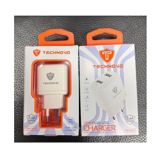 Technovo Φορτιστής Χωρίς Καλώδιο με 2 Θύρες USB-A Λευκός (TN-C015)