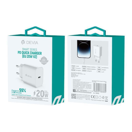 Devia Φορτιστής Χωρίς Καλώδιο με Θύρα USB-C 20W Power Delivery Λευκός (Rlc-318b V2)