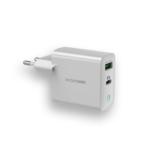 RealPower Mobile Phone Charger Without Cable GaN with USB-A and USB-C Power Delivery White