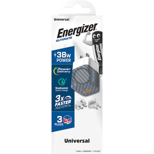 Energizer Φορτιστής Χωρίς Καλώδιο GaN με Θύρα USB-A και Θύρα USB-C 38W Power Delivery / Quick Charge 3.0 Ασημί (A38QMU)