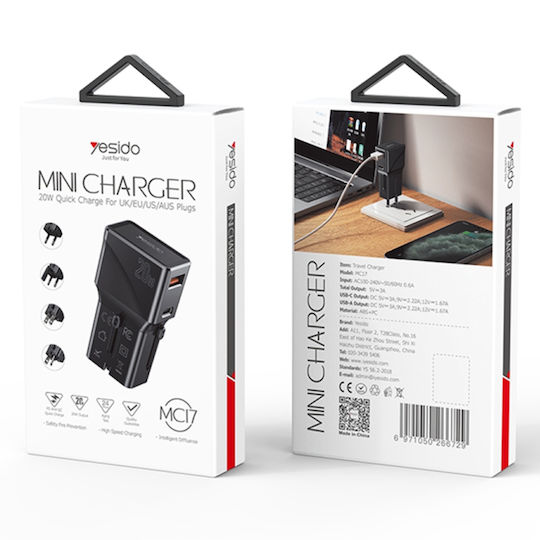 Yesido Încărcător Fără Cablu cu Port USB-A și Port USB-C 20W Negruς (Mc17)