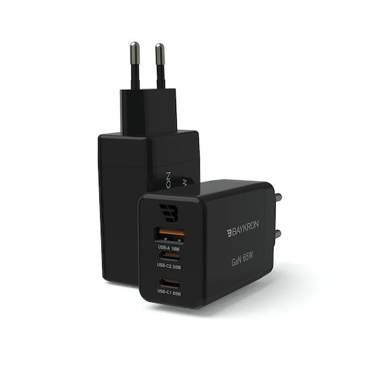 Baykron Φορτιστής Χωρίς Καλώδιο GaN με Θύρα USB-A και 2 Θύρες USB-C 65W Power Delivery / Quick Charge 3.0 Μαύρος (BA-WC-003)