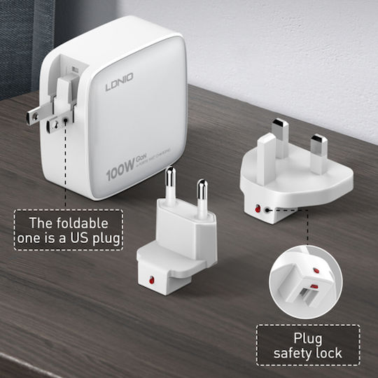 Ldnio Încărcător GaN cu Port USB-A și 3 Porturi USB-C și Cablu USB-C 100W Livrarea energiei / Quick Charge 3.0 Negruς (Q408 US)