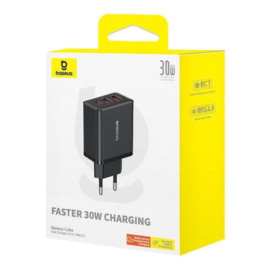 Baseus Wireless Charger GaN With 2 USB-A Output Ports And USB-C Output Port 30W Power Delivery Black Wall Charger Cube