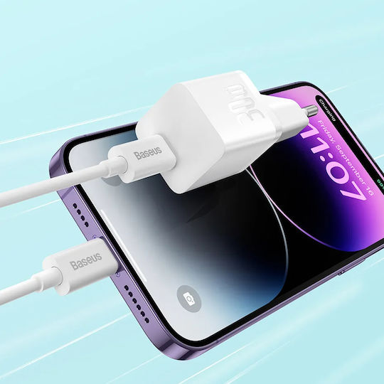 Baseus GaN с USB-C порт и кабел USB-C - USB-C 30W Moon White (Gan5)