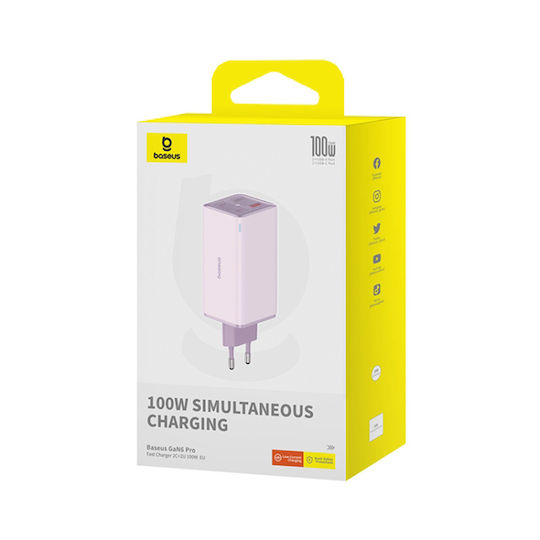 Baseus Ladegerät GaN mit 2 USB-A Anschlüsse und 2 USB-C Anschlüsse und Kabel USB-C - USB-C 100W Lila (P10162705532-00)