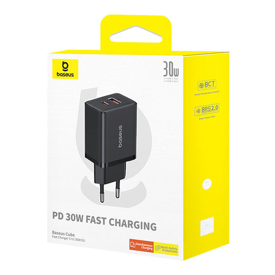 Baseus Charger Without Cable with USB-A Port and USB-C Port 30W Power Delivery Blacks (Cube)