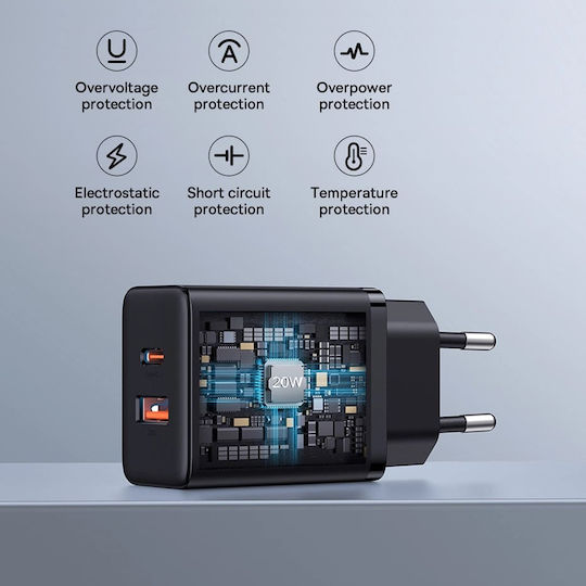 Baseus Ladegerät ohne Kabel GaN mit USB-A Anschluss und USB-C Anschluss 20W Stromlieferung Schwarzs (Cube)