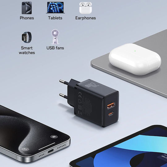 Baseus Ladegerät ohne Kabel GaN mit USB-A Anschluss und USB-C Anschluss 20W Stromlieferung Schwarzs (Cube)