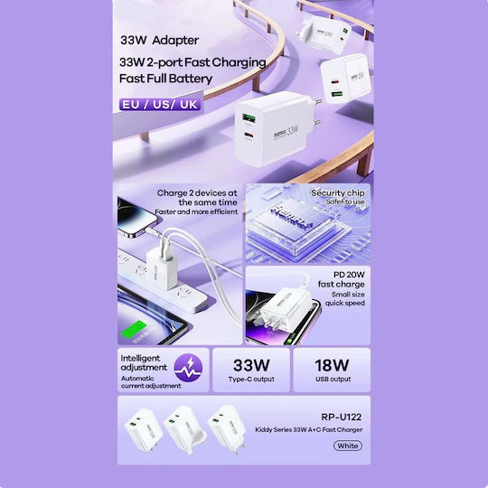 Remax Φορτιστής Χωρίς Καλώδιο GaN με Θύρα USB-A και Θύρα USB-C 33W Power Delivery Λευκός (RP-U122)