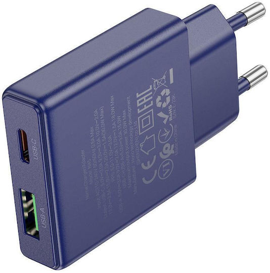 Hoco Φορτιστής Χωρίς Καλώδιο GaN με Θύρα USB-A και Θύρα USB-C 30W Power Delivery / Quick Charge 3.0 Μπλε (N45)