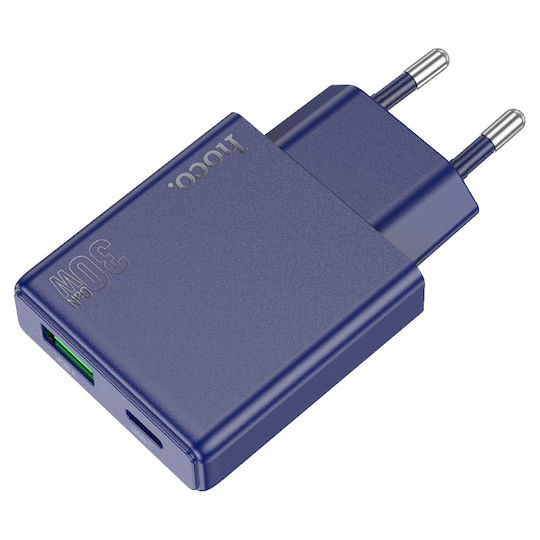 Hoco Φορτιστής Χωρίς Καλώδιο GaN με Θύρα USB-A και Θύρα USB-C 30W Power Delivery / Quick Charge 3.0 Μπλε (N45)