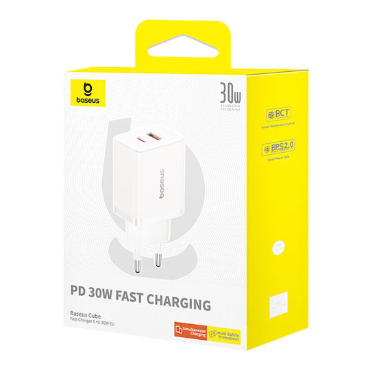 Baseus Încărcător Fără Cablu GaN cu Port USB-A și Port USB-C 30W Livrarea energiei Albς (Cube)