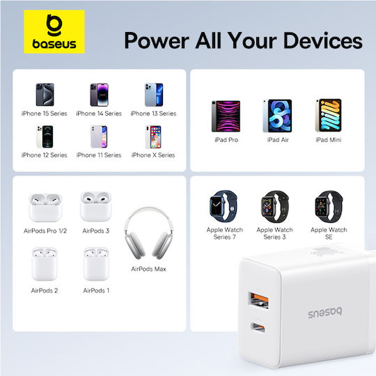 Baseus Încărcător Fără Cablu GaN cu Port USB-A și Port USB-C 30W Livrarea energiei Albς (Cube)